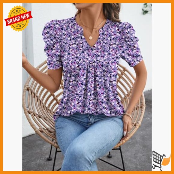 Puff Sleeve V-Neck Blouse, Loose Fit Summer Top, Polyester Blend - Picture 5 of 7